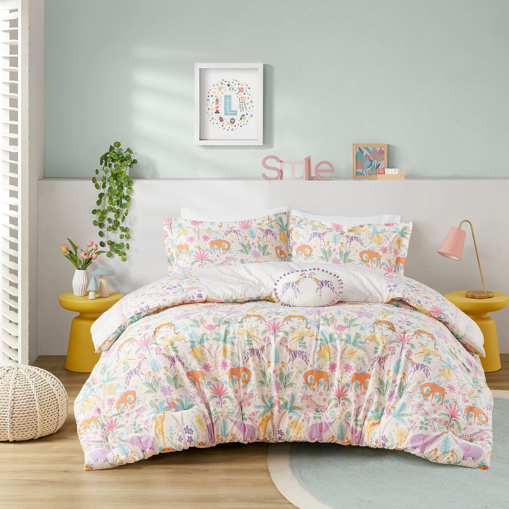 4 PCS Full/Queen Floral Reversible Cotton Comforter Set with Throw Pillow Purple Media 13