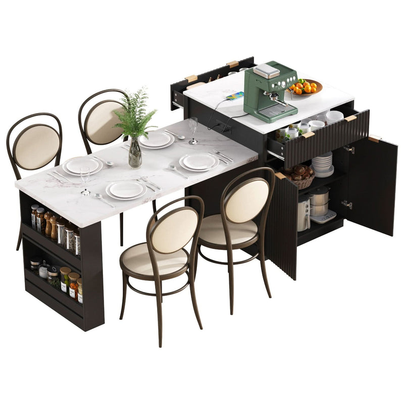 Kitchen Island Modern With Extendable Dining Table & Power Outlet For 4-6 People Black