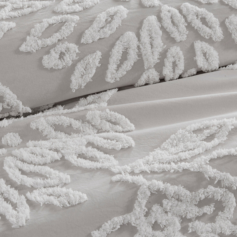 3 Piece Tufted Cotton Chenille Floral Comforter Set Warm Grey/White Full/Queen Media 4
