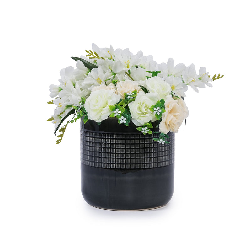 Handmade Black Glazed Ceramic Planter Set of 3, 9' 7' 6' Diameter, Grid Pattern, for Succulents & Cacti Indoor/Outdoor Shelf & Table Use, Porous Clay with Drainage Holes