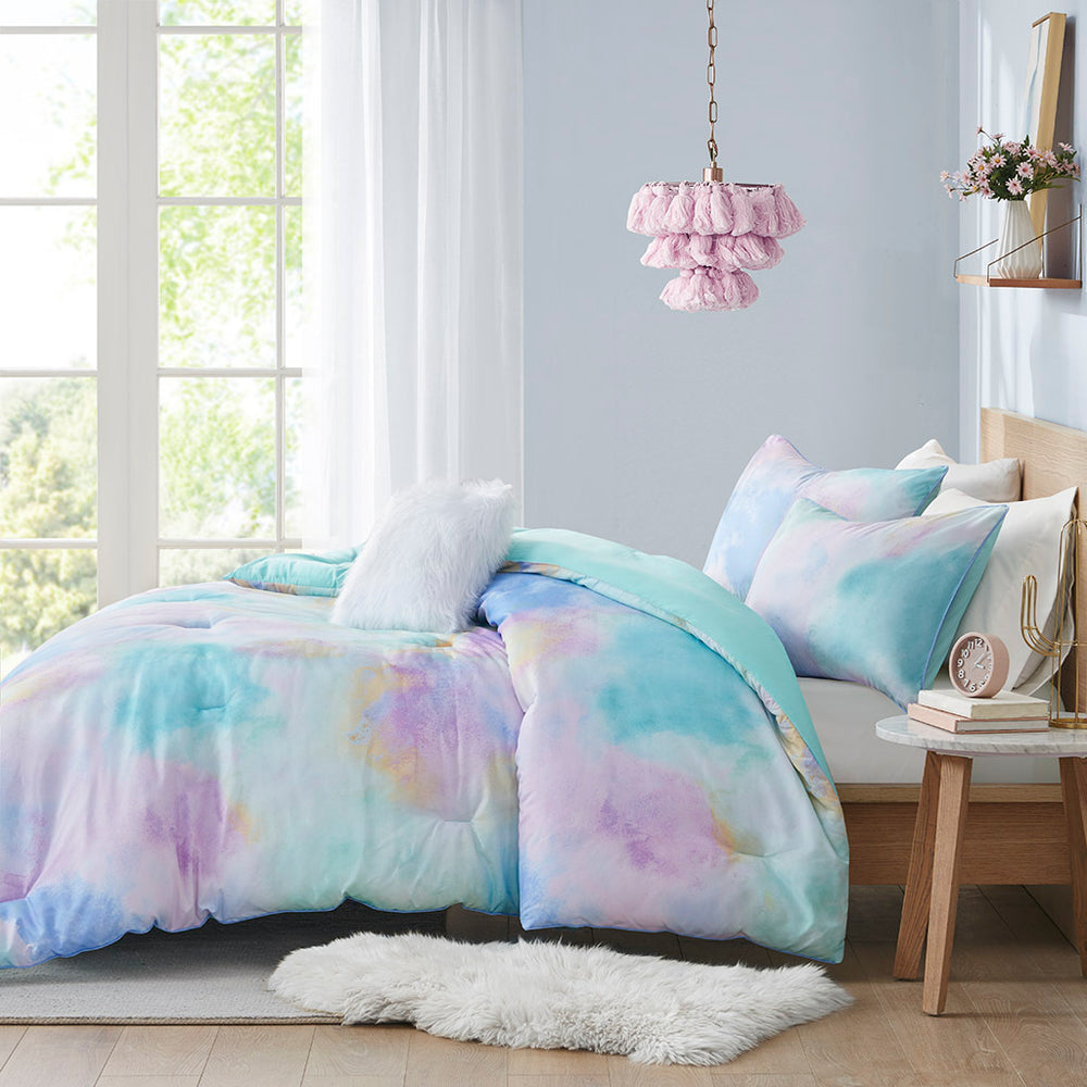 Full/Queen Watercolor Tie Dye Printed Comforter Set with Throw Pillow Media 10