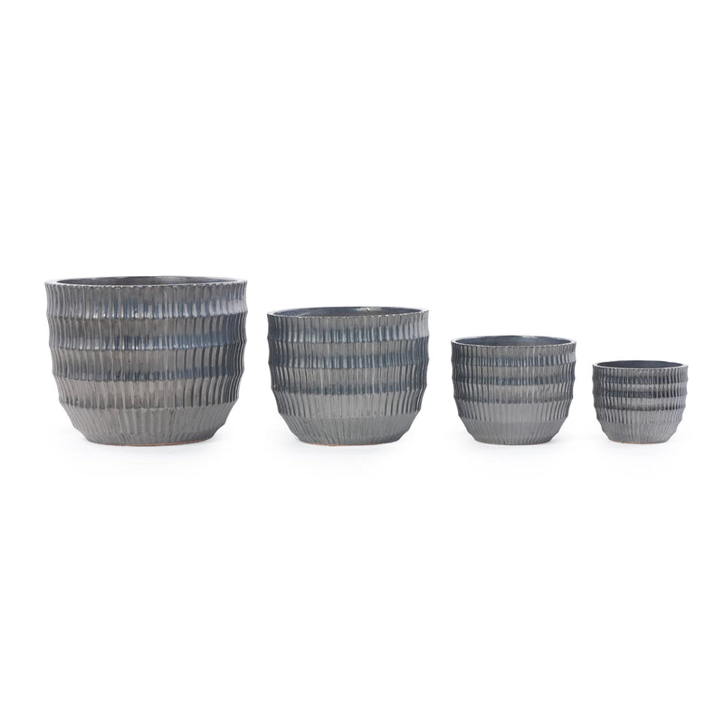 Handmade Matte Metallic Charcoal Gradient Glaze Ceramic Planter Set of 4, 7/9/12/14 Inch, Horizontal Grooves, Indoor & Outdoor Herb Succulent Pots, Breathable Clay with Drainage Holes