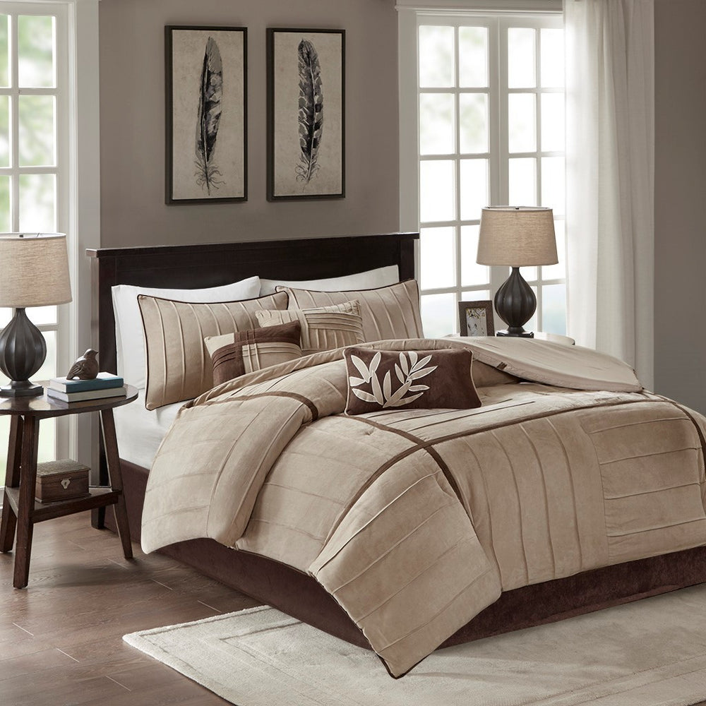 7 Piece Faux Suede Comforter Set Beige Full Media 1