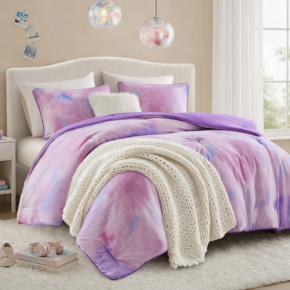 4 Pieces Full/Queen Watercolor Tie Dye Printed Comforter Set with Throw Pillow,Purple Media 1