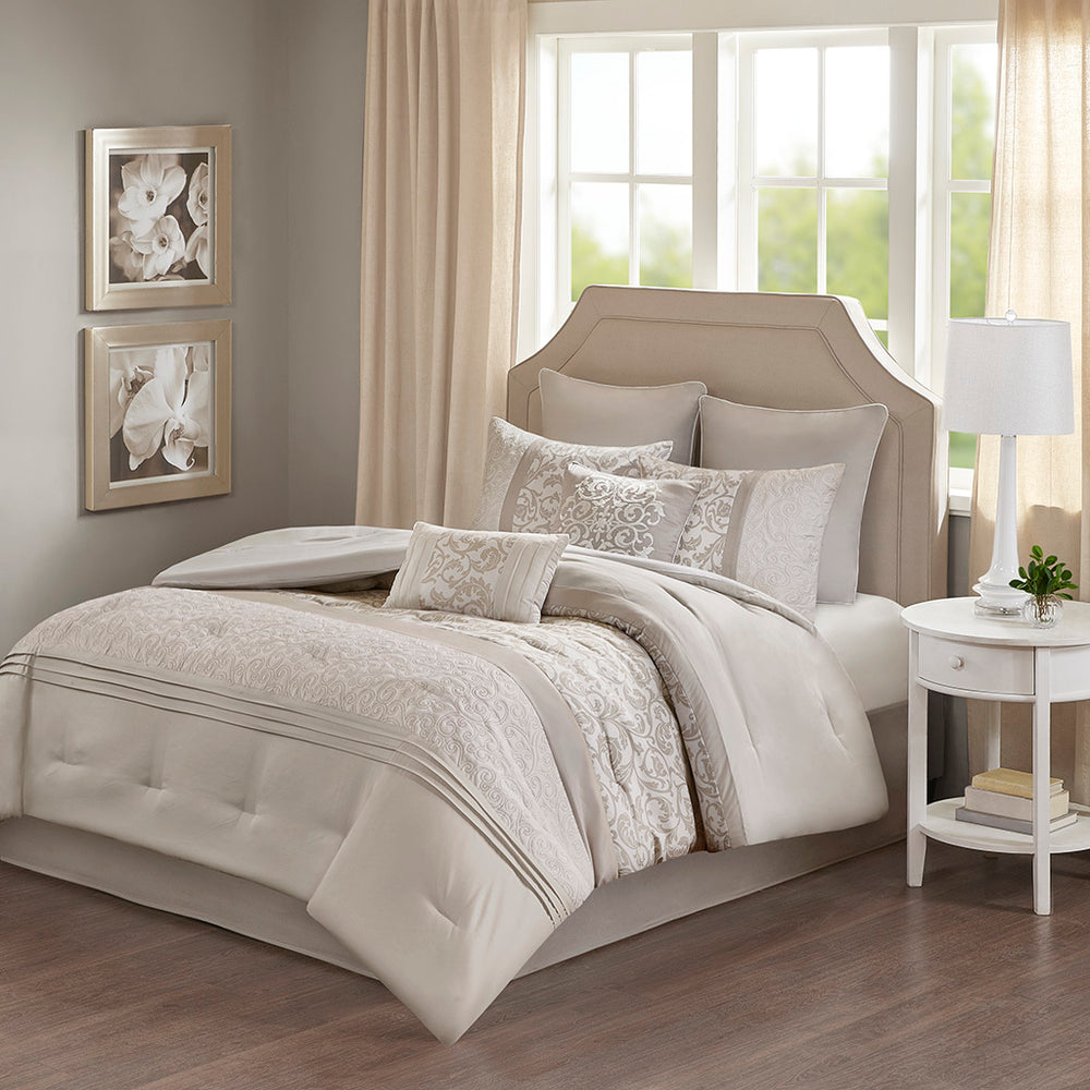 Embroidered 8 Piece Comforter Set Neutral King Media 1
