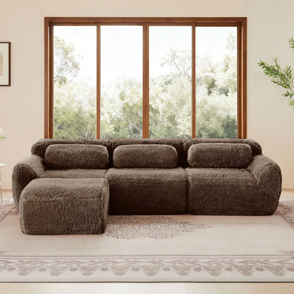L-Shaped Sofa Plush Fabric With Movable Ottoman & Throw Pillows Chocolate Media 3