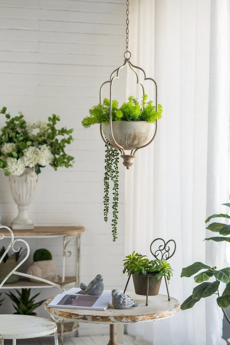 11.8x9.8x21.7' Rustic Hanging Iron Planter with Distressed White Finish