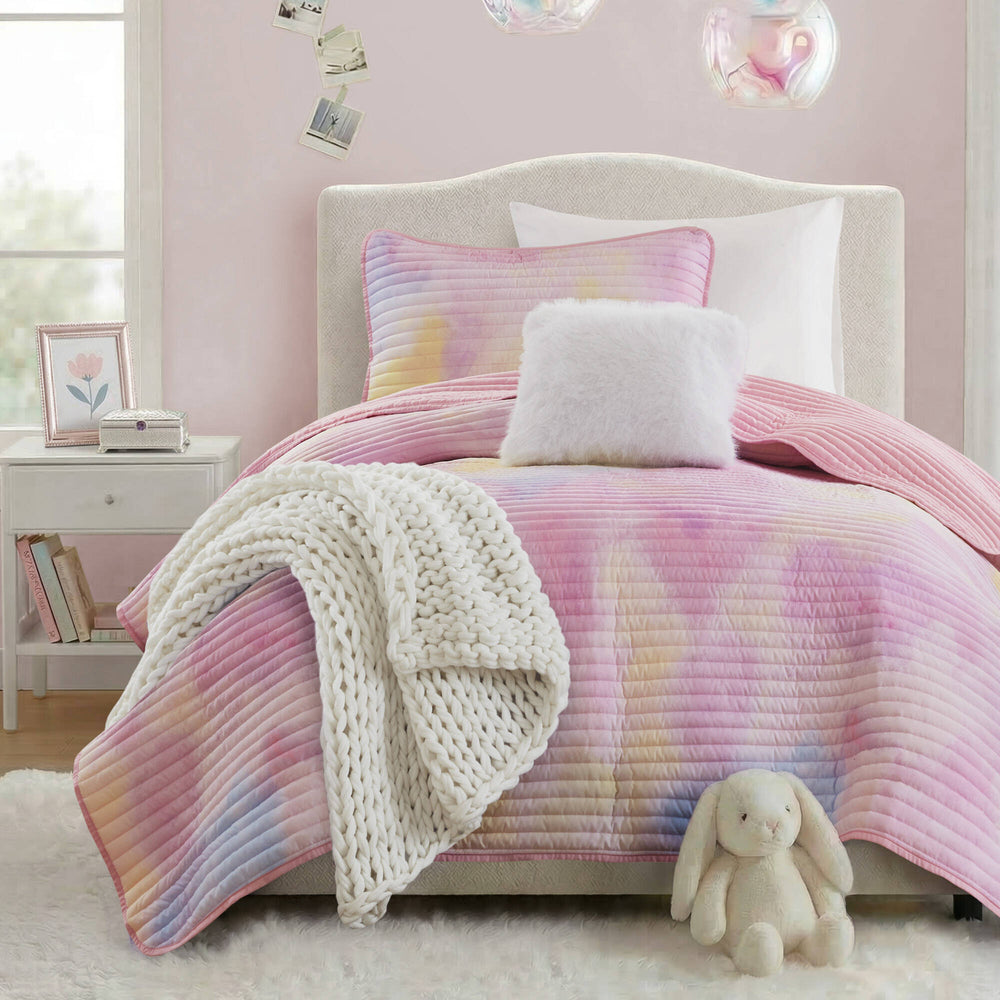 3 Pieces Twin/Twin XL Watercolor Tie Dye Printed Quilt Set with Throw Pillow,Pink Media 2