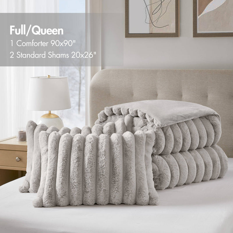 3 Pieces Full/Queen  soft Faux Fur Ribbed Comforter Set,Light Gray