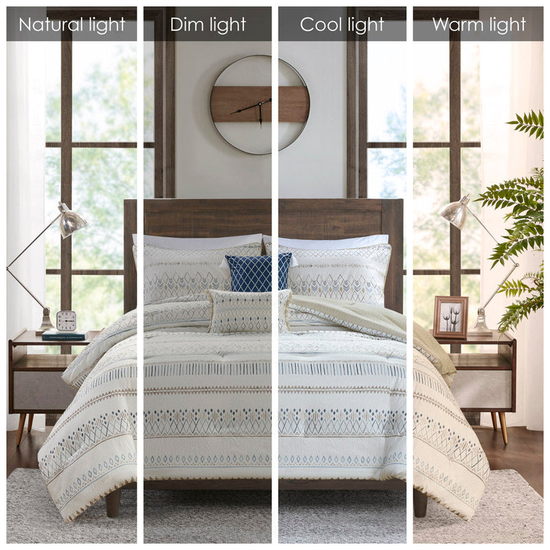 5 Piece Printed Seersucker Comforter Set with Throw Pillows Taupe/Blue Full/Queen
