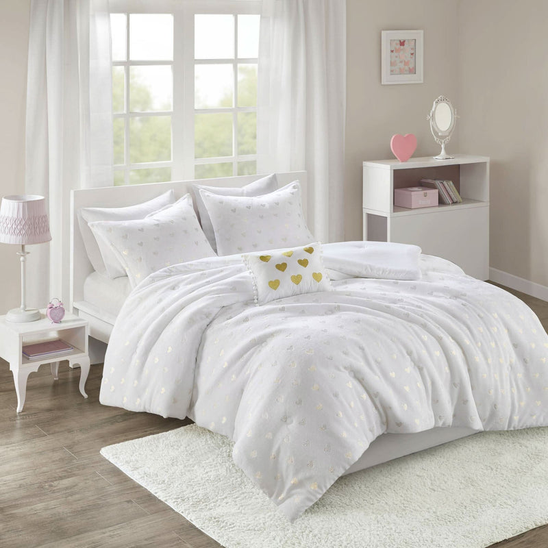 Plush Comforter Set White & Gold Heart Print 4 Piece Full Queen Bedding Includes Shams & Throw Pillow