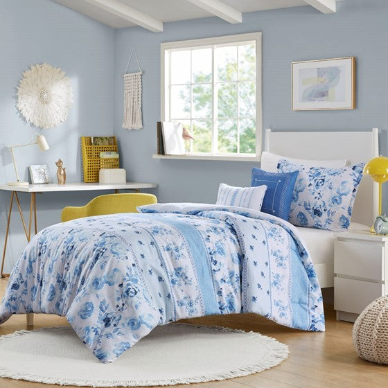 Full/Queen Floral Striped Comforter Set