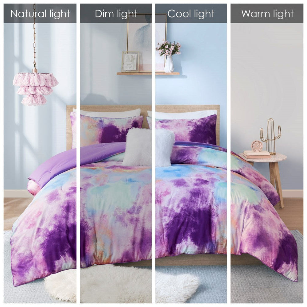 King/Cal King Watercolor Tie Dye Printed Comforter Set with Throw Pillow Media 7