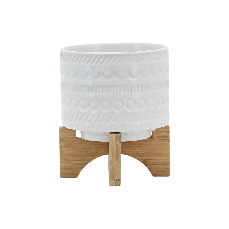 5' TRIBAL PLANTER W/ WOOD STAND, WHITE