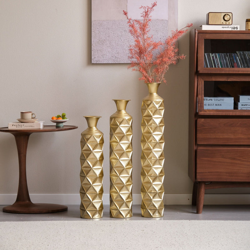 Metal Decorative Vase High Distress Metal Center Vase With 3D Triangle Pattern, Set Of 3 Vases for Home Decoration 33.5', 29.5', 25.2'High, Gold