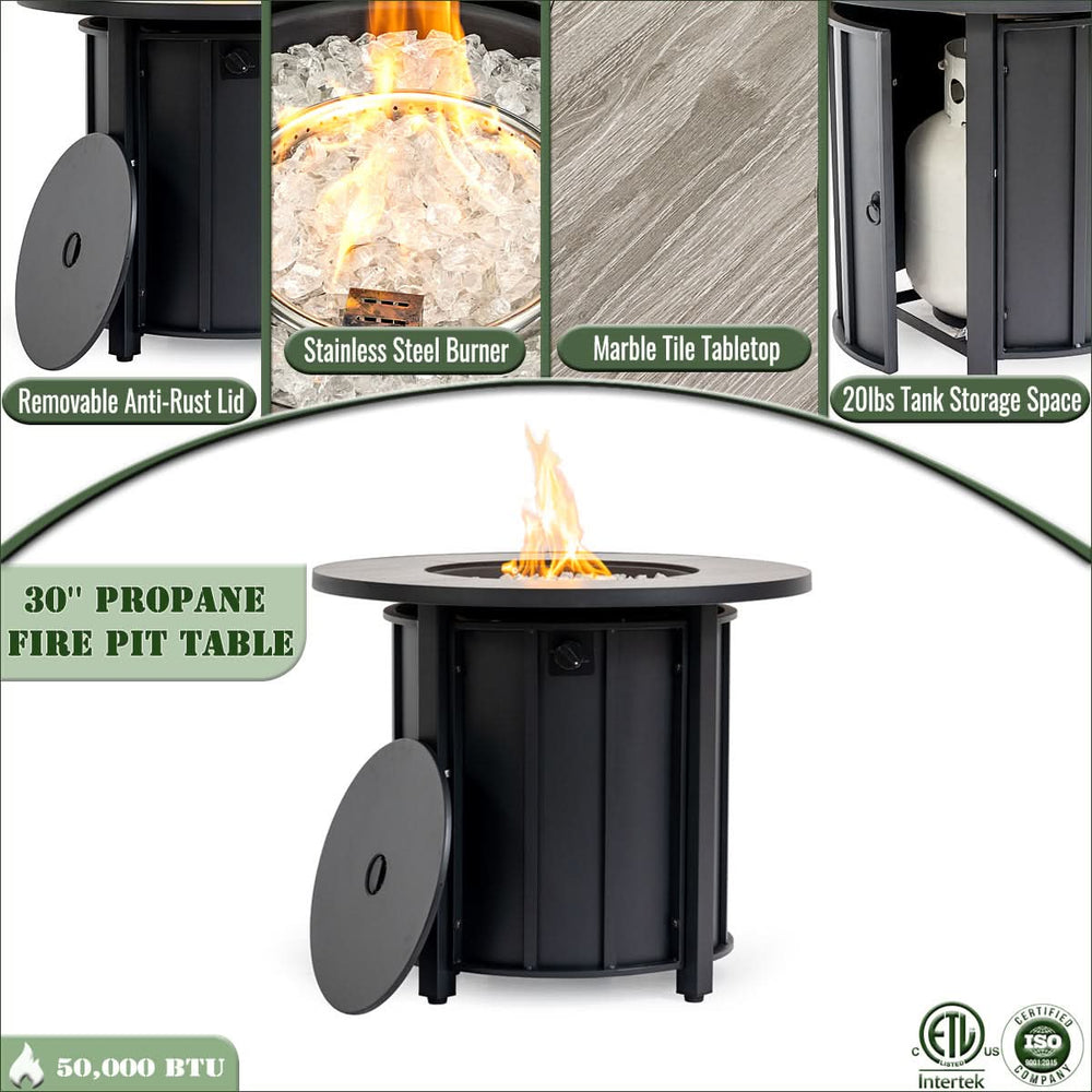 Propane Fire Pit Table Round Steel Wood Grain Ceramic Tabletop For Outdoor Patio & Backyard Entertaining Media 12