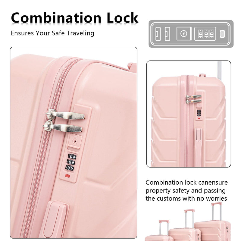 ABS Spinner Luggage 3 Piece Set Pink Matching Color & Combination Lock For Travel Use