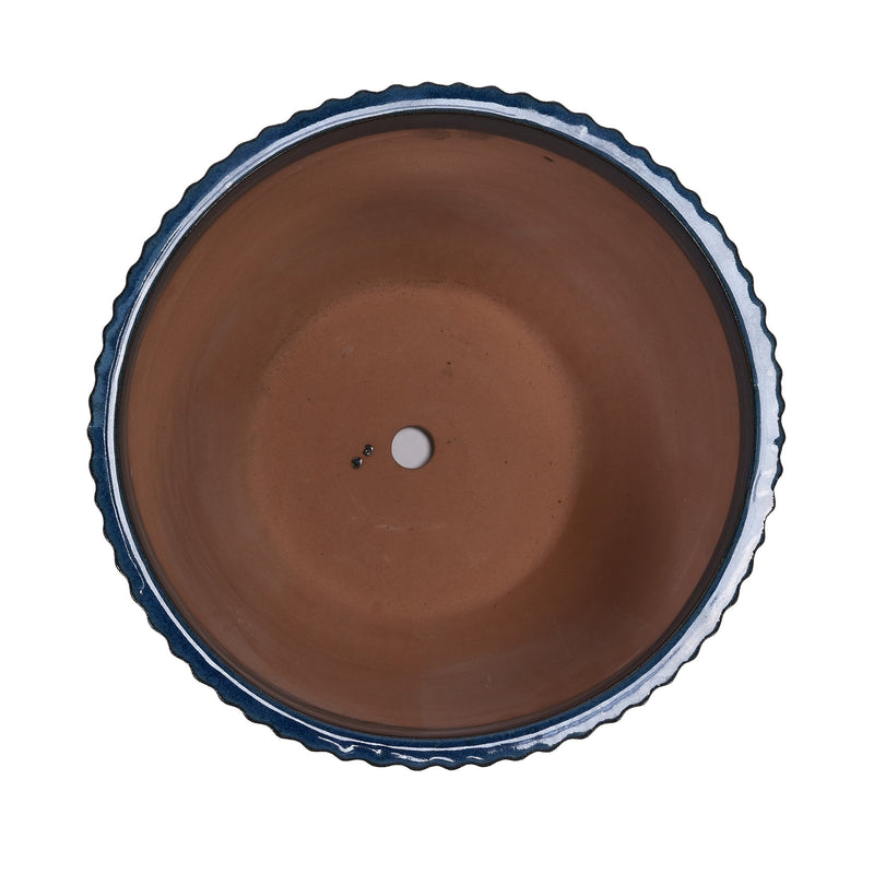 Handmade Denim Blue Glaze Ceramic Planter Set of 4, 7/9/12/14 Inch, Horizontal Grooves, Indoor & Outdoor Herb Succulent Pots, Breathable Clay with Drainage Holes