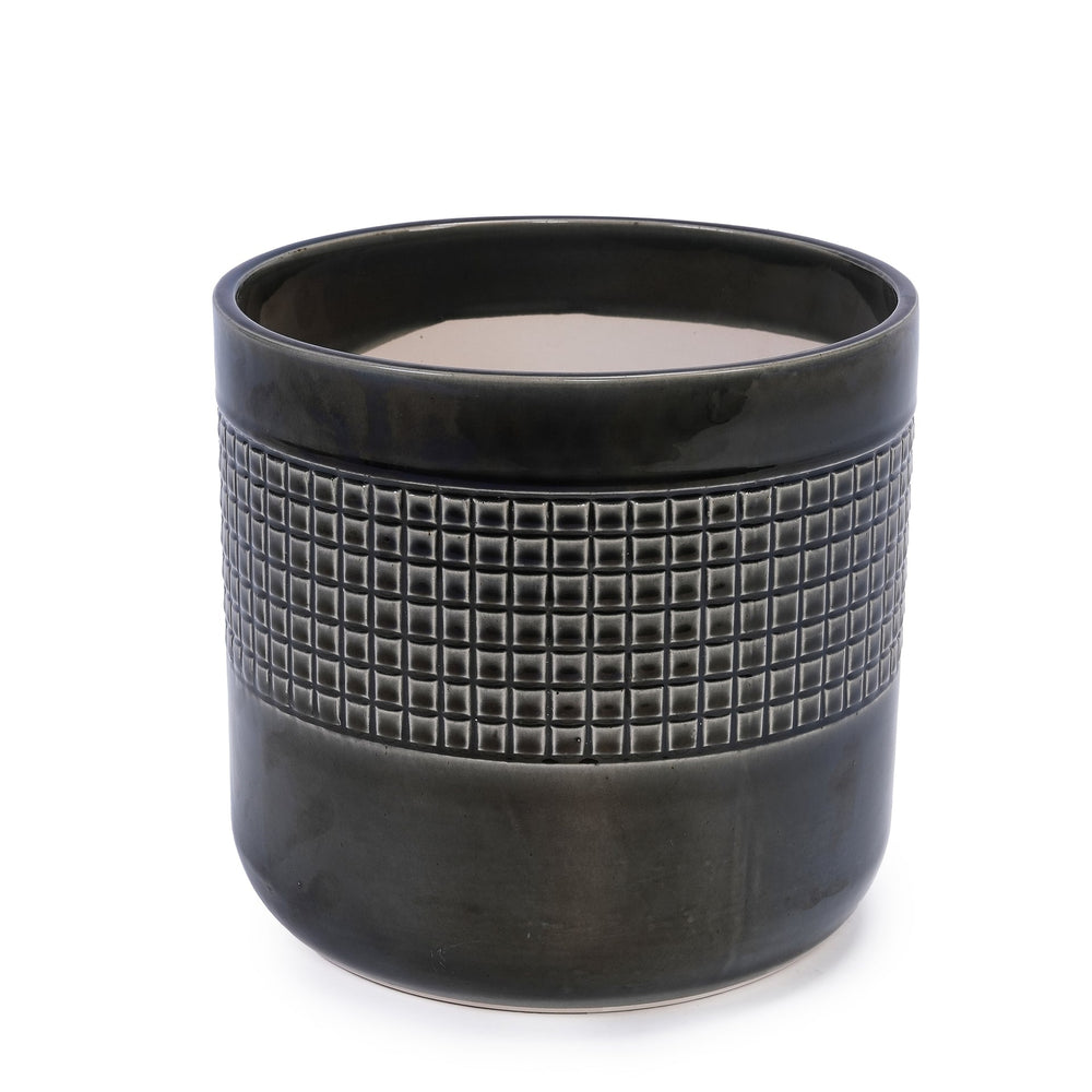 Handmade Black Glazed Ceramic Planter Set of 3, 9' 7' 6' Diameter, Grid Pattern, for Succulents & Cacti Indoor/Outdoor Shelf & Table Use, Porous Clay with Drainage Holes Media 9