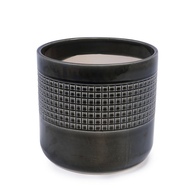 Handmade Black Glazed Ceramic Planter Set of 3, 9' 7' 6' Diameter, Grid Pattern, for Succulents & Cacti Indoor/Outdoor Shelf & Table Use, Porous Clay with Drainage Holes