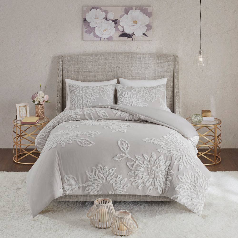 3 Piece Tufted Cotton Chenille Floral Comforter Set Warm Grey/White King/Cal King Media 11