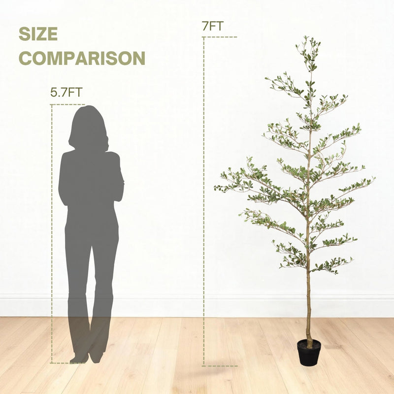 7FT Artificial Black Olive Tree with Black Plastic Pot, Realistic Tall Fake Plant for Indoor Home Living Room Corner Decoration, 1pc/set