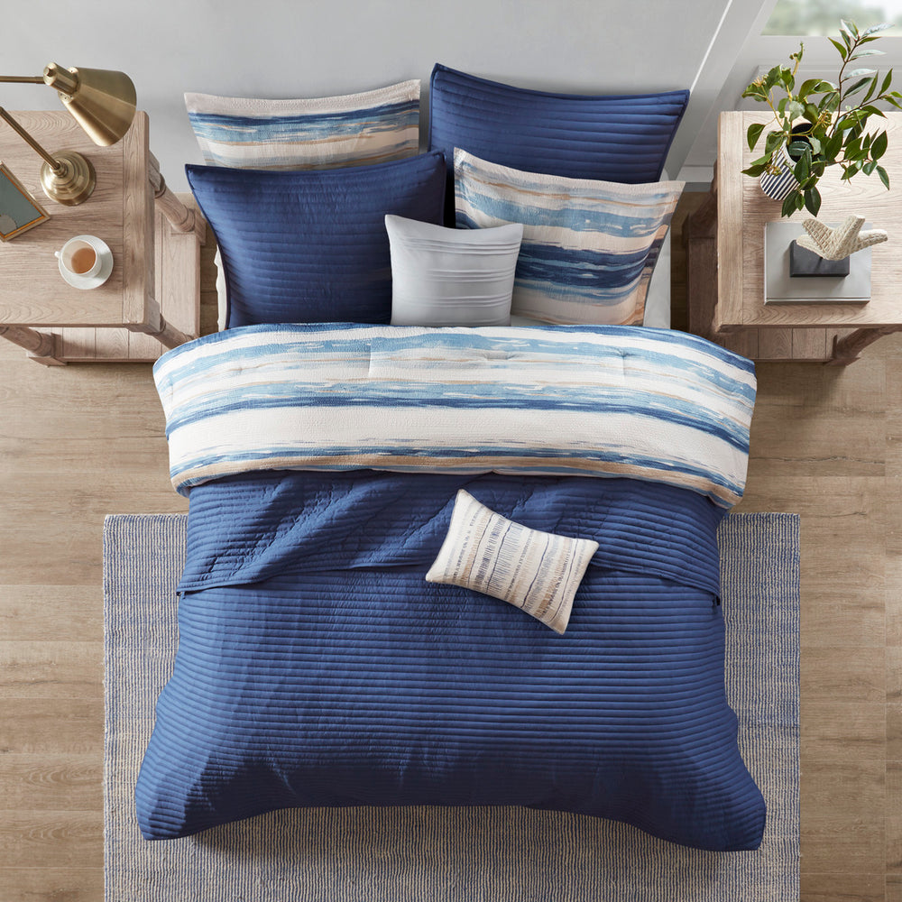 8 Piece Printed Seersucker Comforter and Quilt Set Collection Blue Full/Queen Media 3
