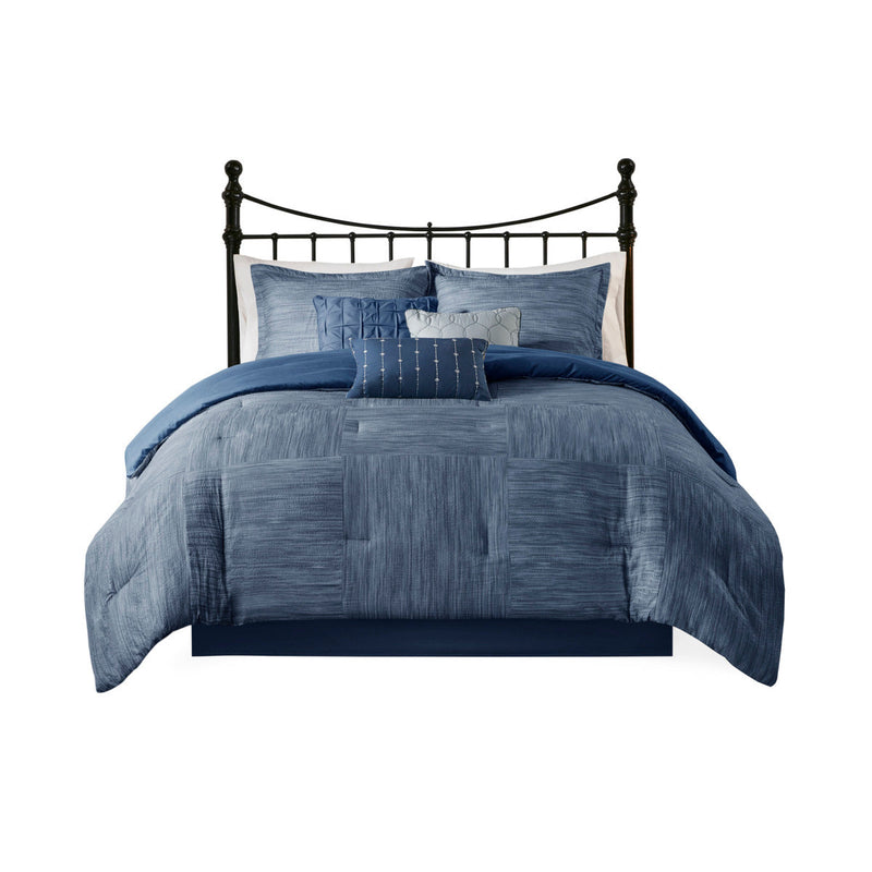 7 Piece Printed Seersucker Comforter Set Navy Cal King