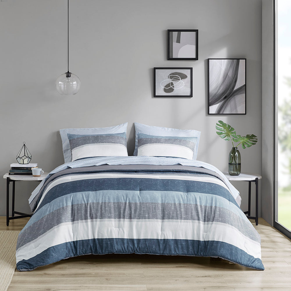 Stripe Comforter Set with Bed Sheets Blue/Grey Queen Media 3