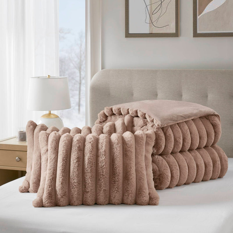 3 Pieces Full/Queen Ultrasoft Faux Fur Ribbed Comforter Set,Mocha