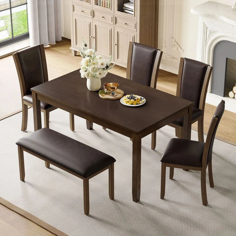 Dining Table Set Bent Wood & Rubber Wood 6 Person Farmhouse Dining Room