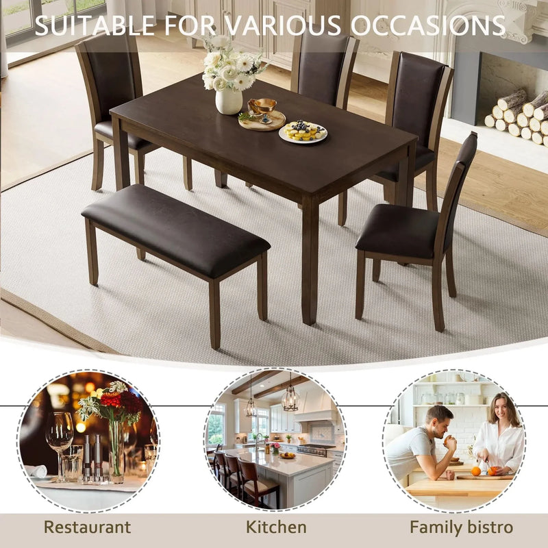 Dining Table Set Bent Wood & Rubber Wood 6 Person Farmhouse Dining Room