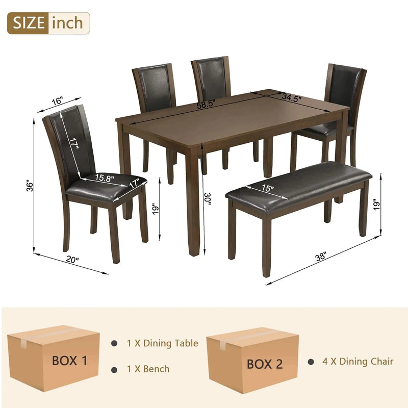 Dining Table Set Bent Wood & Rubber Wood 6 Person Farmhouse Dining Room
