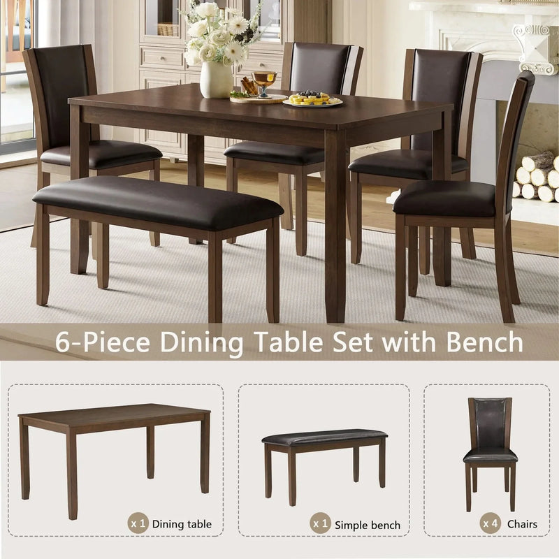 Dining Table Set Bent Wood & Rubber Wood 6 Person Farmhouse Dining Room