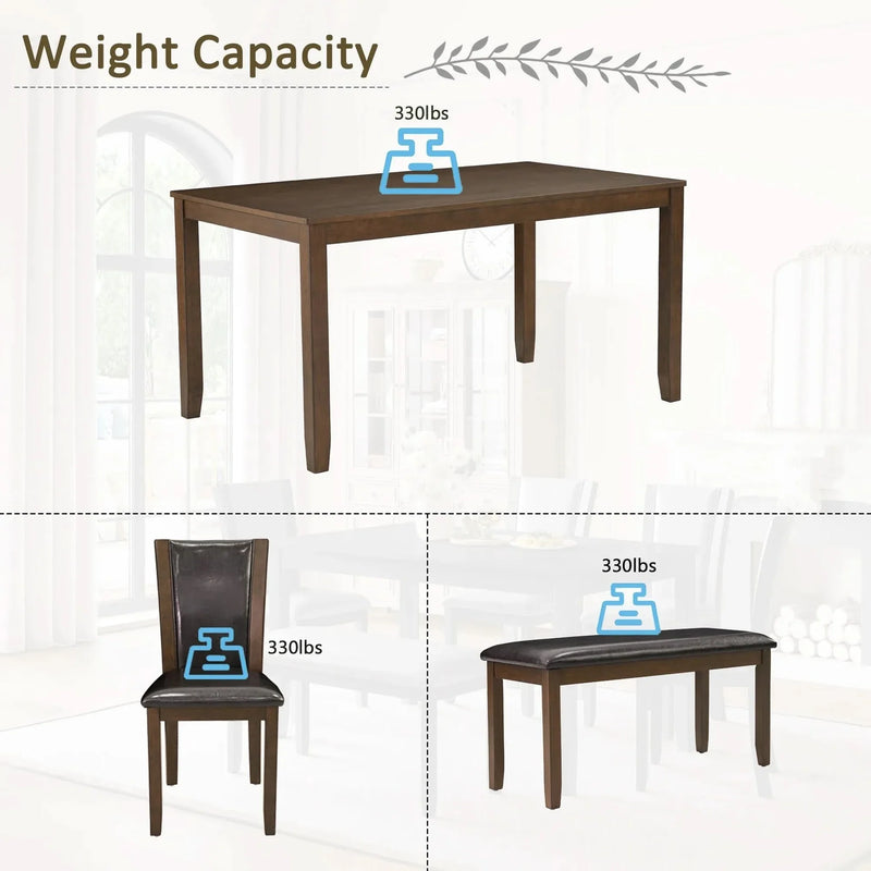 Dining Table Set Bent Wood & Rubber Wood 6 Person Farmhouse Dining Room
