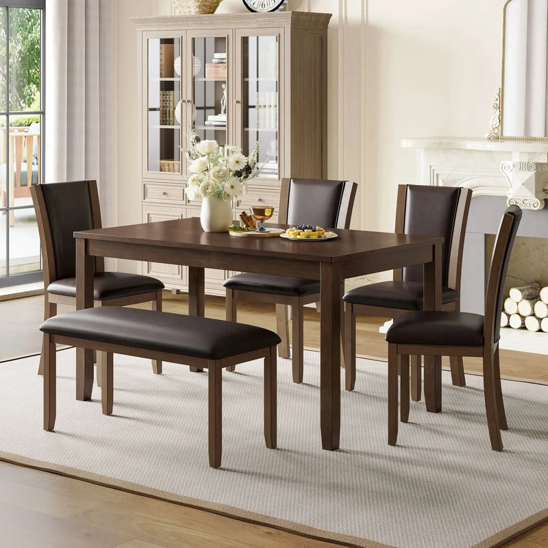 Dining Table Set Bent Wood & Rubber Wood 6 Person Farmhouse Dining Room