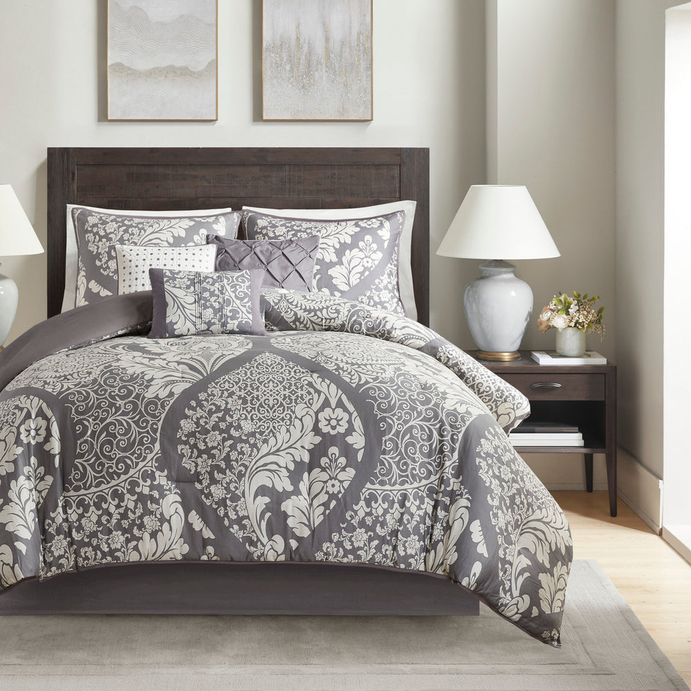 7 Piece Cotton Printed Comforter Set Grey King Media 1