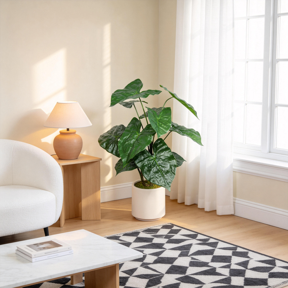30'' Artificial Tropical Alocasia Leaf Plant With White Pot 2pc/set Media 2