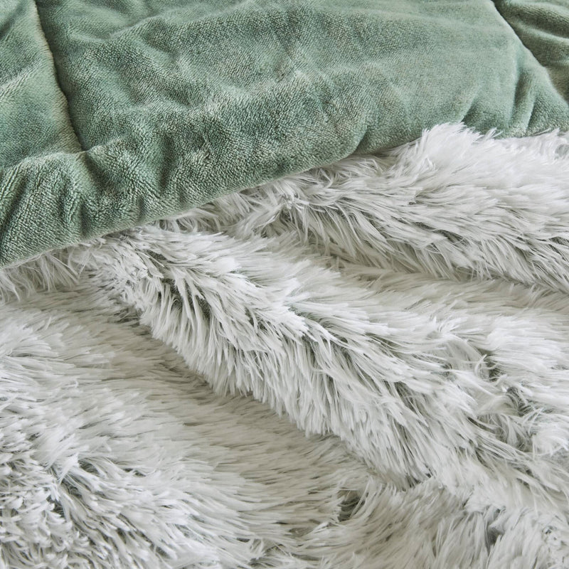 Faux Fur Comforter Set Shaggy Twin XL Green & White Cozy Bedding For Home Decor Accent
