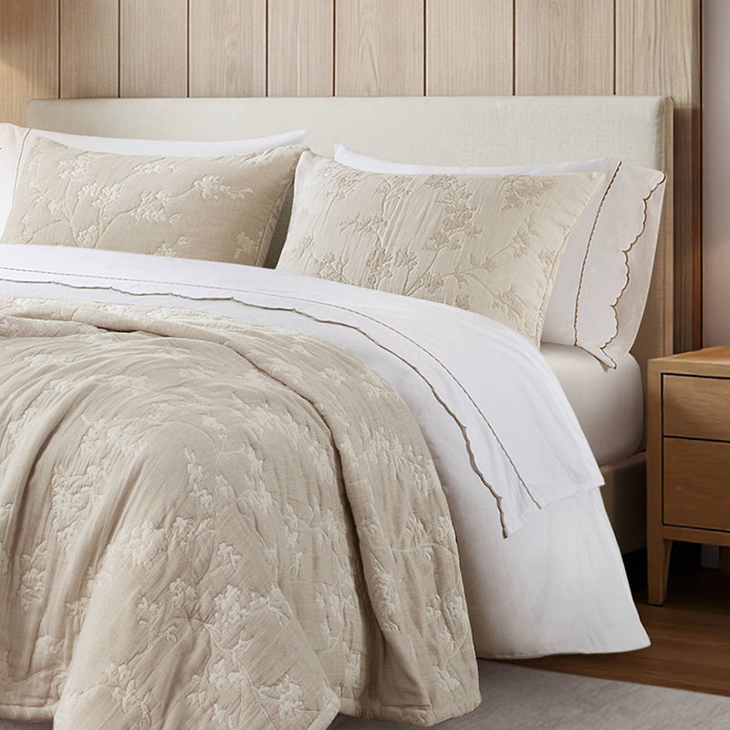 3 Pieces Full/Queen Jacquard Cotton Gauze Quilt Set,Linen