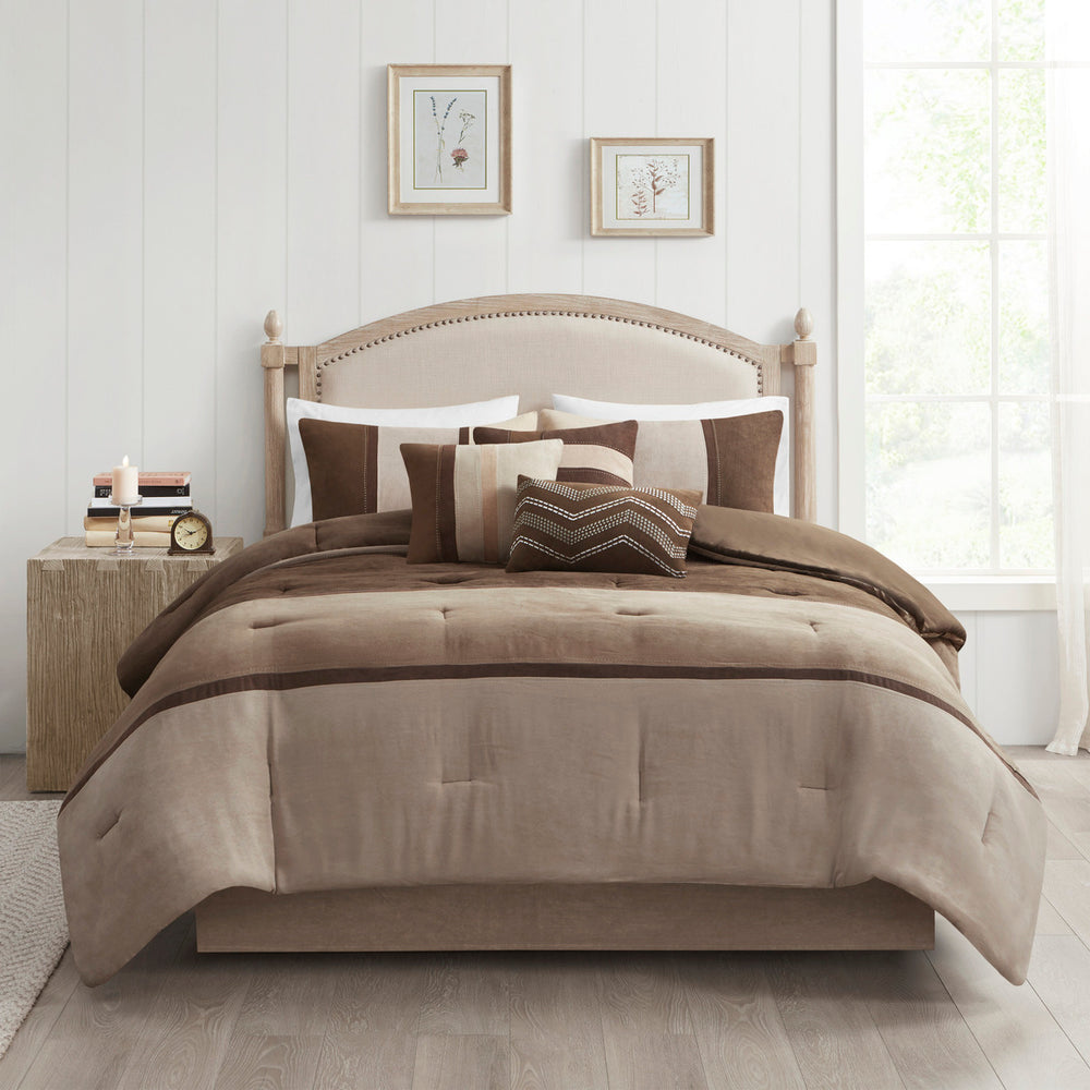 7 Piece Faux Suede Comforter Set Brown Cal King Media 16