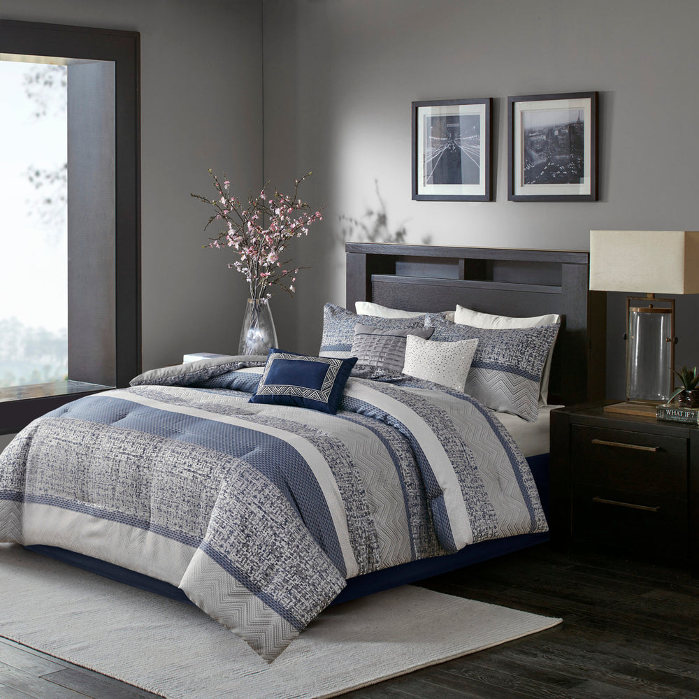 7 Piece Jacquard Comforter Set Navy Cal King Media 1