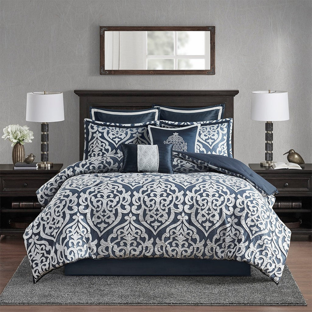8 Piece Jacquard Comforter Set Navy/Silver Cal King Media 12