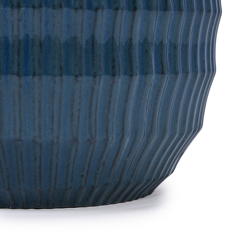 Handmade Denim Blue Glaze Ceramic Planter Set of 4, 7/9/12/14 Inch, Horizontal Grooves, Indoor & Outdoor Herb Succulent Pots, Breathable Clay with Drainage Holes