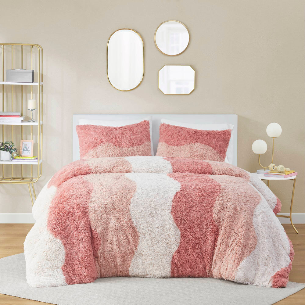 3 PCS King/Cal King Ombre Shaggy Faux Fur Duvet Cover Set Blush Multi Media 12