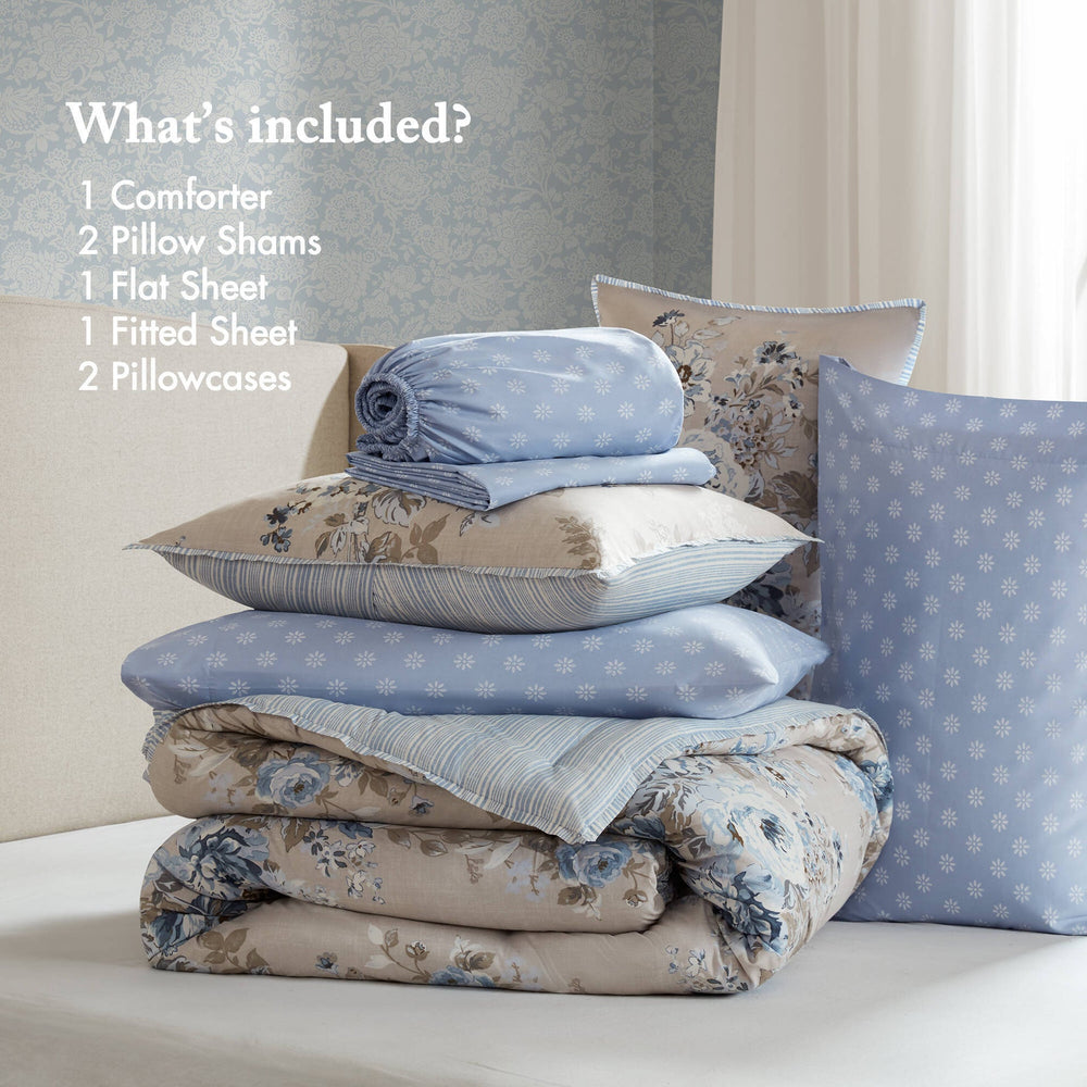 5-Piece Twin 5 Piece Vin -inspired Collection floral print,Beige/Blue Media 6