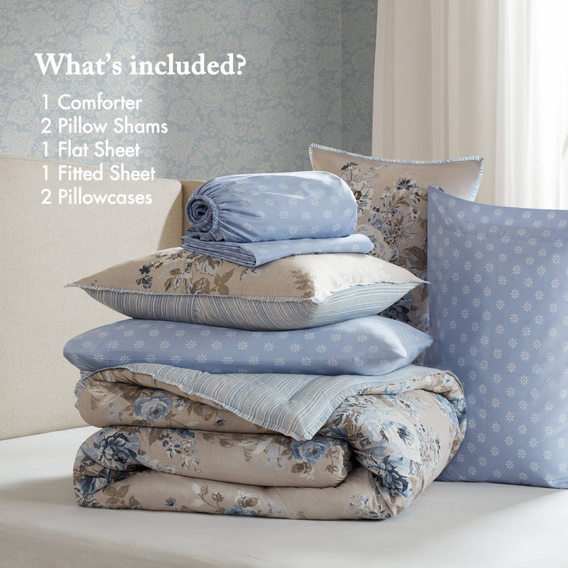 7-Piece Full 7 Piece Vin -inspired Collection floral print,Beige/Blue