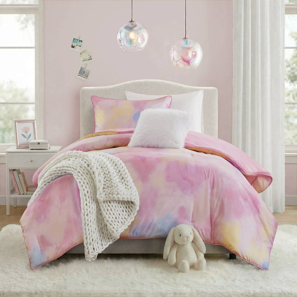 3 Pieces Twin/Twin XL Watercolor Tie Dye Printed Comforter Set with Throw Pillow,Pink Media 18