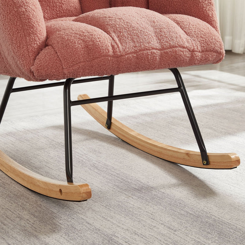 Glider Chair Teddy Fabric Pink With Sturdy Metal Frame For Living Room Comfort & Rocking Style