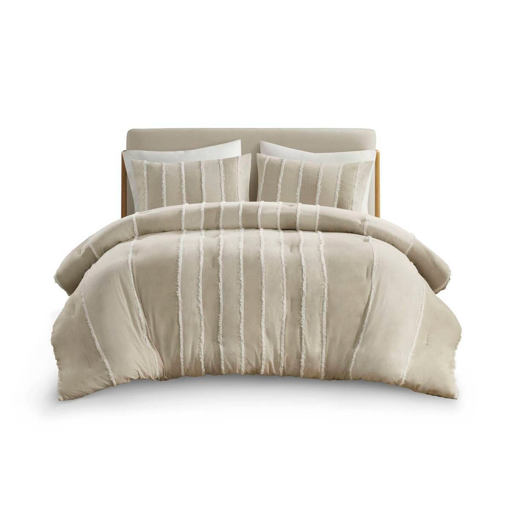 3 Piece Striped Cotton Comforter Set Taupe King/Cal King Media 19